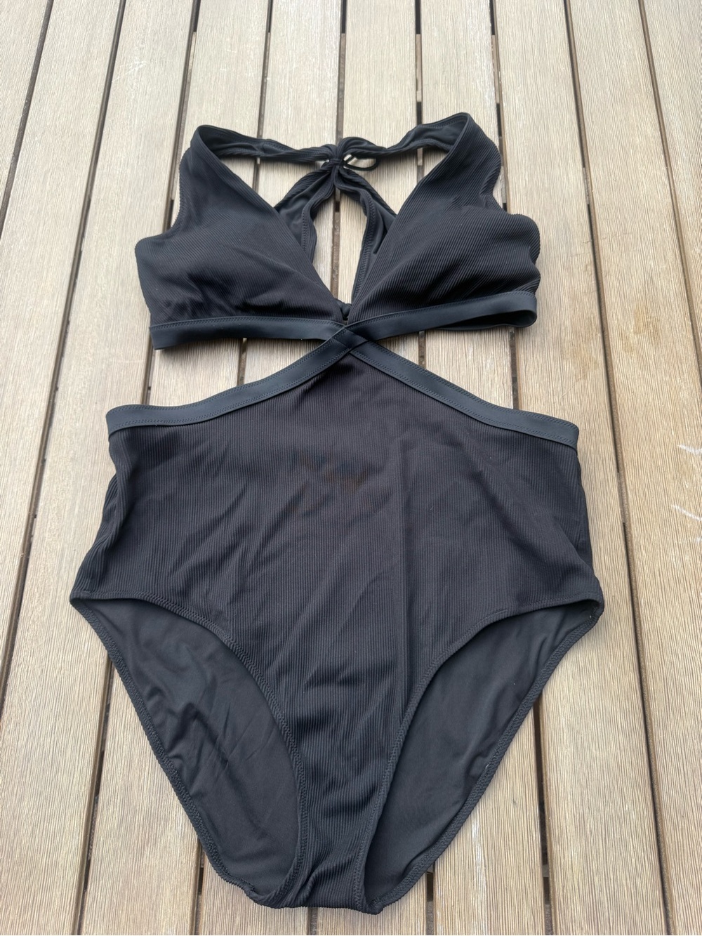 Aerie Black Ribbed Cutout One Piece Swimsuit Size XL Tie Back Full Coverage